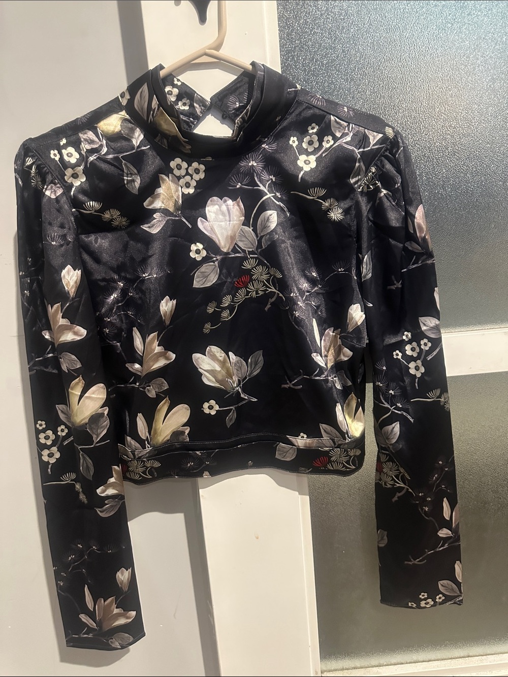 Guess Black Floral Satin Mock-Neck Top